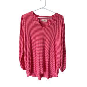 The Nines Bethany Top Size Large Striped V Neck Long Sleeve Popover Tee Pink NEW